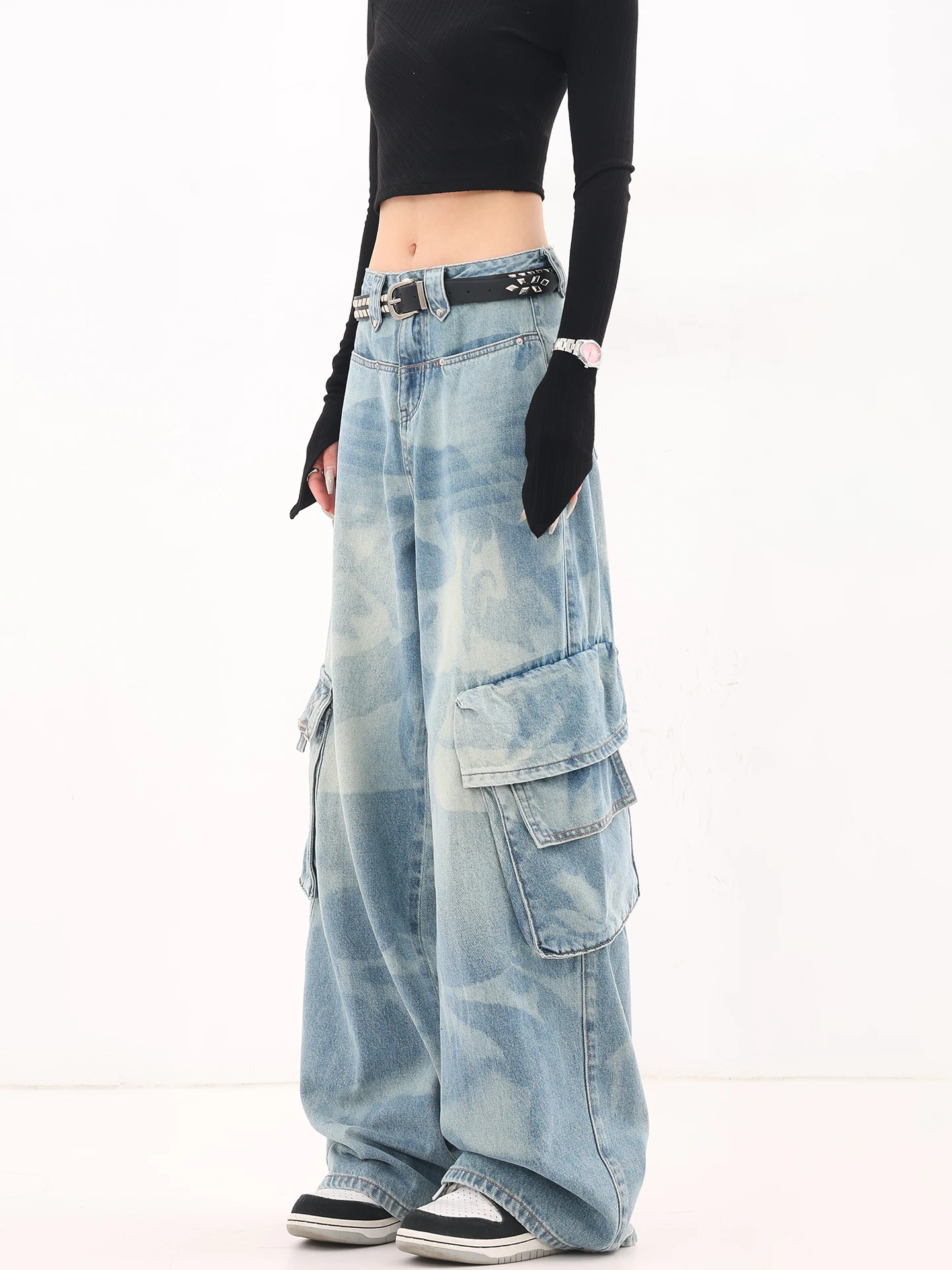 

American Sle Camouflage Tie Dye Large ket Design Workwear Jeans Women Early Spring Wide Leg Loose Floor-Length Pants