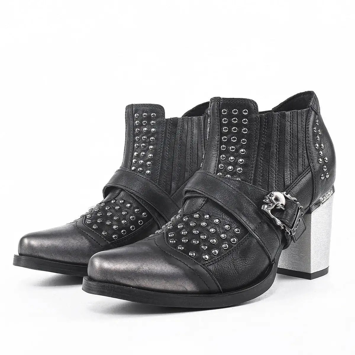 Stivali corti unisex con tacco alto da donna con rivetti lucidi Tacchi alti robusti Scarpe in pelle alla moda con punta quadrata piccola