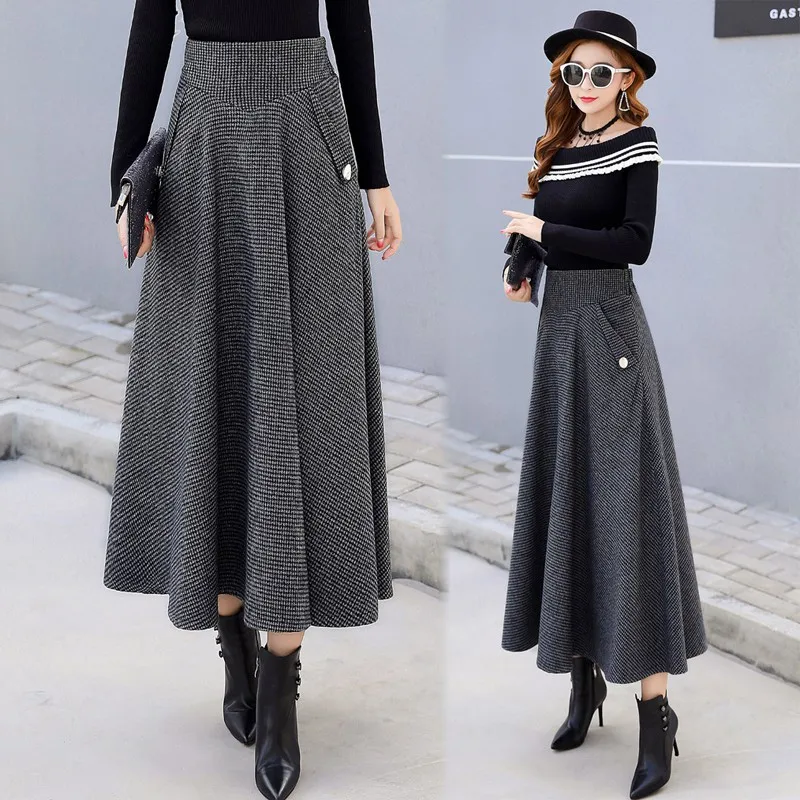 

Spring And Autumn New Korean High Waist Slimming Plaid Woolen Half Skirt Fashion Pocket Women's Mid Length A-line Skirt