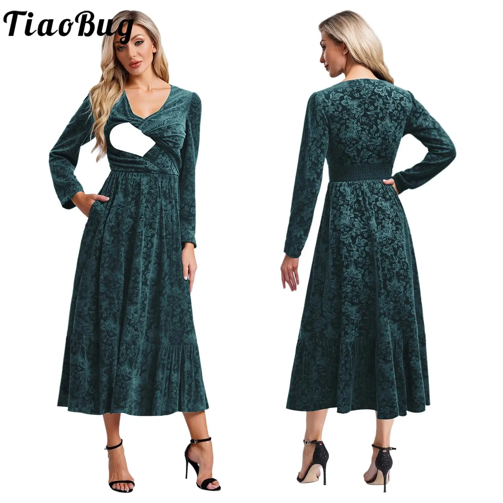 

Women's Nursing Maxi Dress Long Sleeves V-Neck Floral Pattern Velvet Breastfeeding Dresses for Wedding Banquet Birthday Party