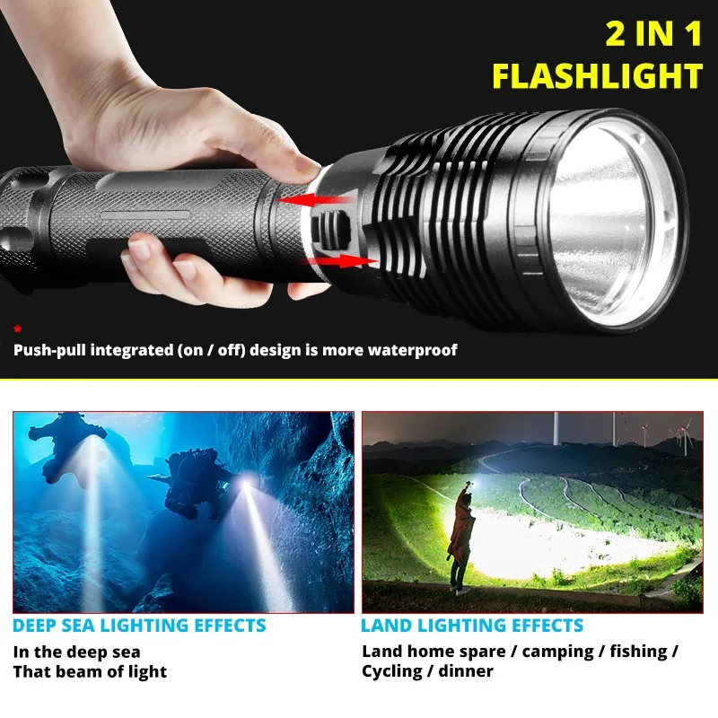 ZK30 Diving Fill Torch Waterproof Lanterna Hand Rope Power Bank High Power Rechargeable Led Flashlight Self Defense Lighter