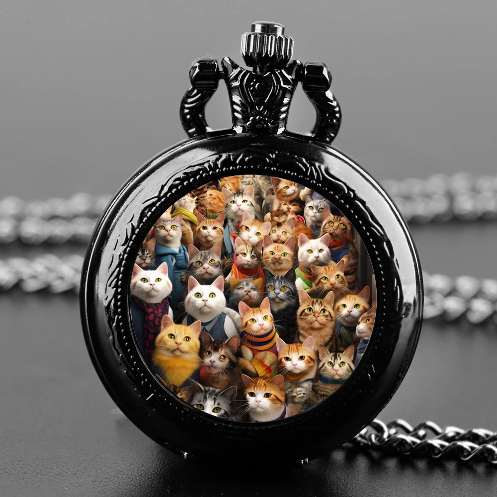 Asian Cat Glass Patch Round Quartz Pocket Watch, Relógio de quartzo elegante masculino com corrente, presente de aniversário exclusivo