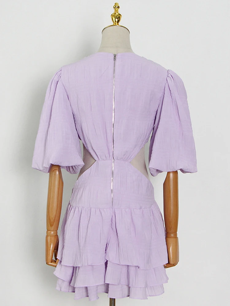 VGH Casual Solid Hollow Out Sexy Mini Dress For Women V Neck Lantern Sleeve High Waist Minimalist A Line Dresses Female Fashion