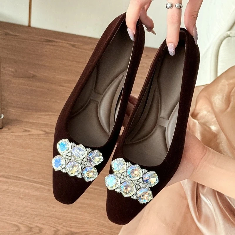 أنيقة كريستال المخملية النساء مضخات جولة تو شقة حجر الراين الزفاف أحذية الزفاف الانزلاق على فستان الحفلات Zapatos De Mujer #3