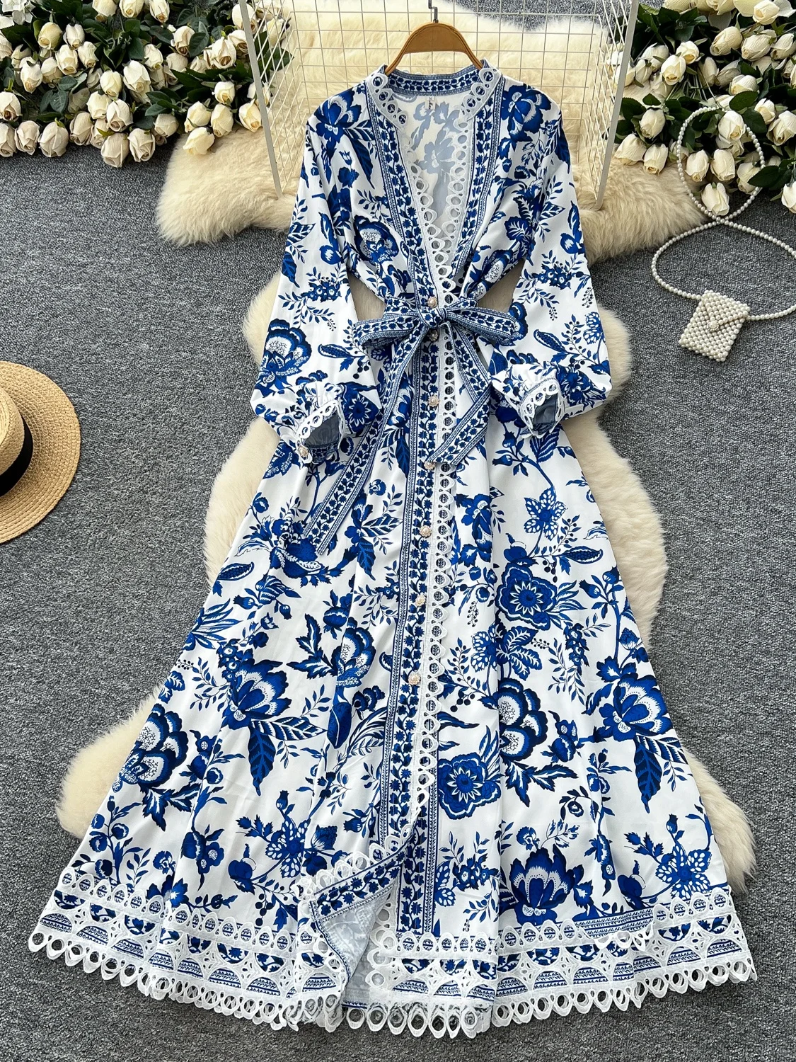 우아한 플로럴 프린트 맥시 드레스 여성 여름 버블 소매 크로스 넥 타이 허리 A라인 롱 스커트 하이 웨이스트 폴리에스터 섬유