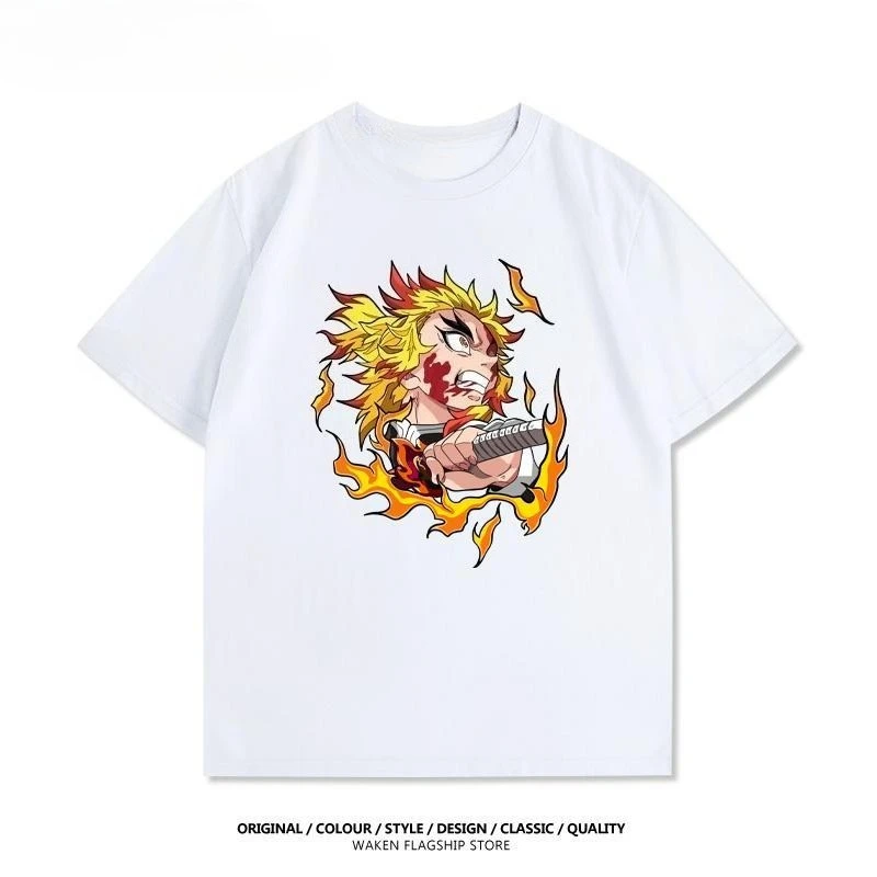 

Ghost Extermination Blade Flame Pillar Purgatory Apricot Shoulang Animation Short Sleeve Women T-Shirt Men Clothes Trend Brand