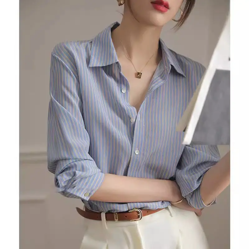 Women Summer Simplicity Office Lady Striped Appear Thin Polo-Neck Long Sleeve Shirts Women Clothes Casual All-match Trend Tops