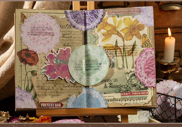 50 Stück, 4 Varianten, Handgefertigte Zeltdekoration, Serie mit Spitze und Kranz, Material für Notizblöcke, Sammlung von Blumen und Märchenmotiven, Papier. – Detail 3