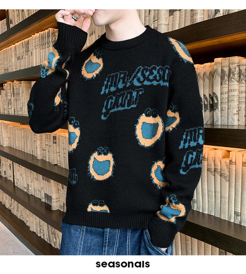 Men's New Apple Patterned Sweater Elastic Round Collar Drop Shoulder Pullovers Thick Warm Fashion Winter Kintted Jumper