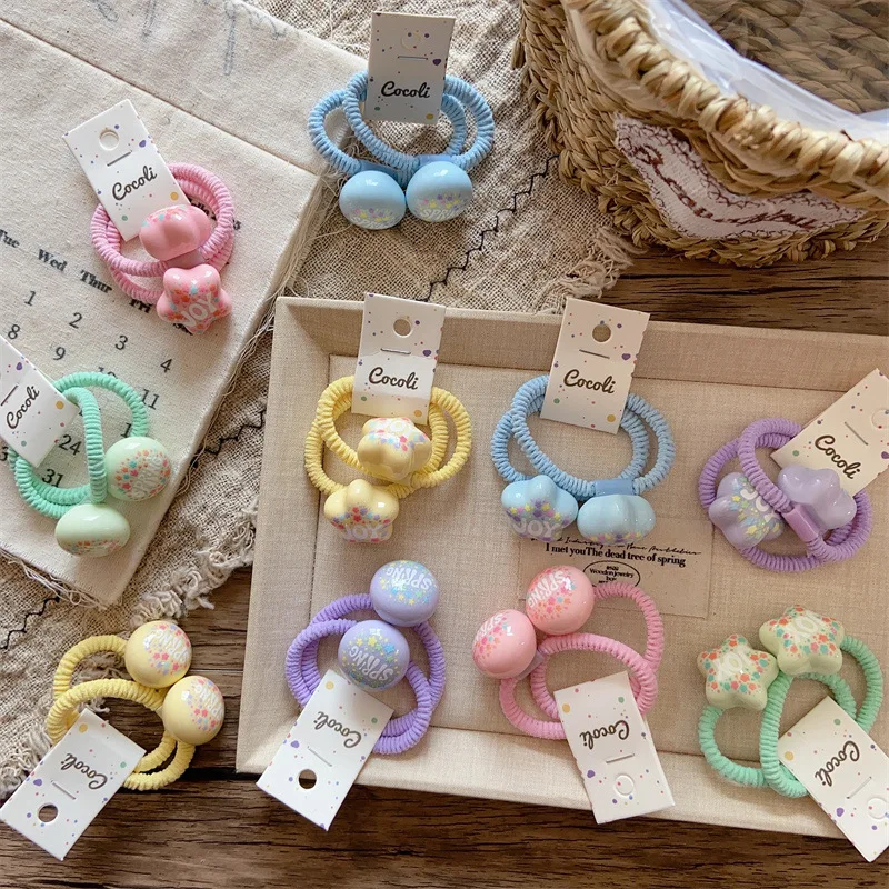 Kids Resin Printed Geometric Star Round Hair Tie Scrunchie Cute Elastic Ponytail Holder for Girls Lightweight Premium Colorful