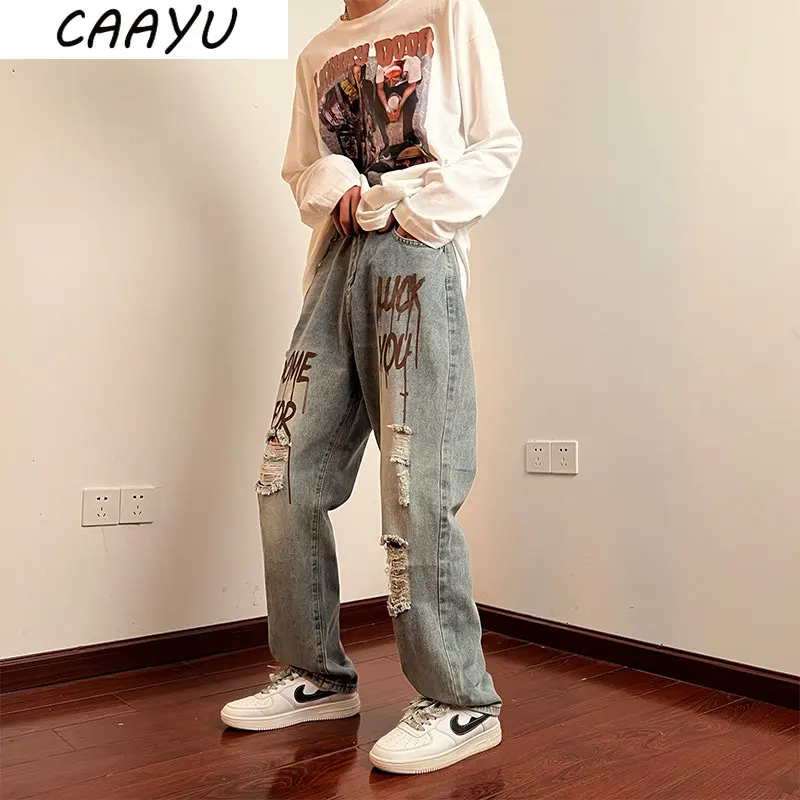 

CAAYU 2022 New Baggy Jeans Men's Fashion Harajuku Loose Korean Streetwear Straight Wide Leg Pants Male Clothing Blue Pants Mens