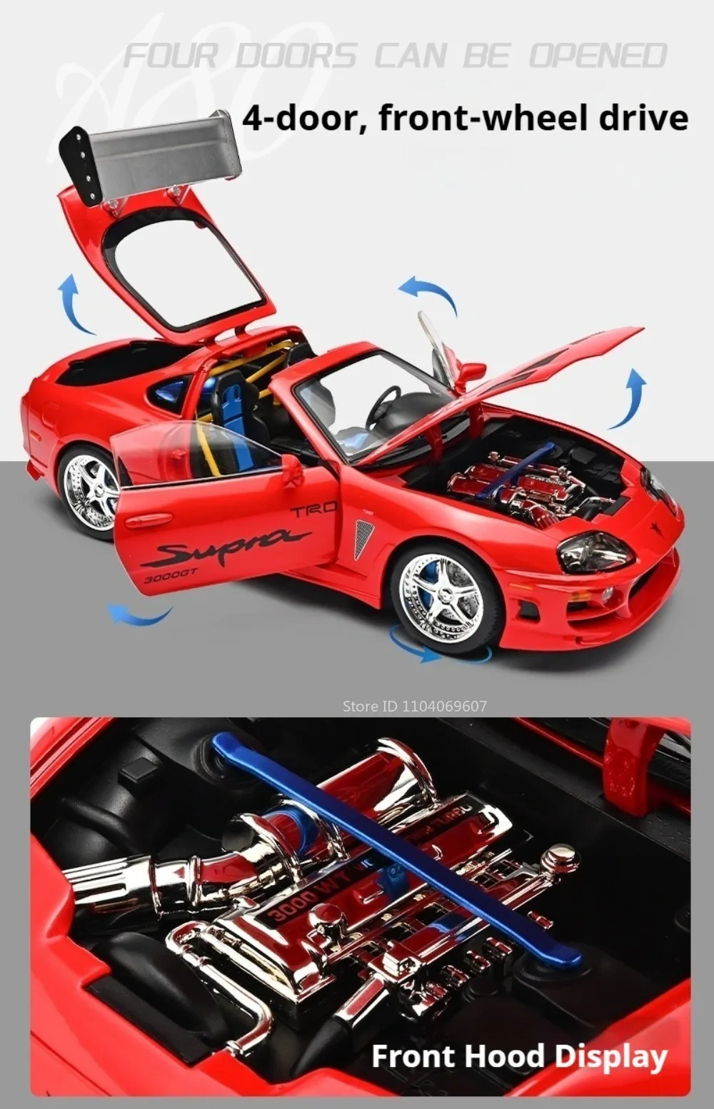 1:24 Scale Supra A80 911 GT3RS Supercar Model Toy Alloy Diecast Shock Absorption Doors Opened Sound Light Collection Sports Cars
