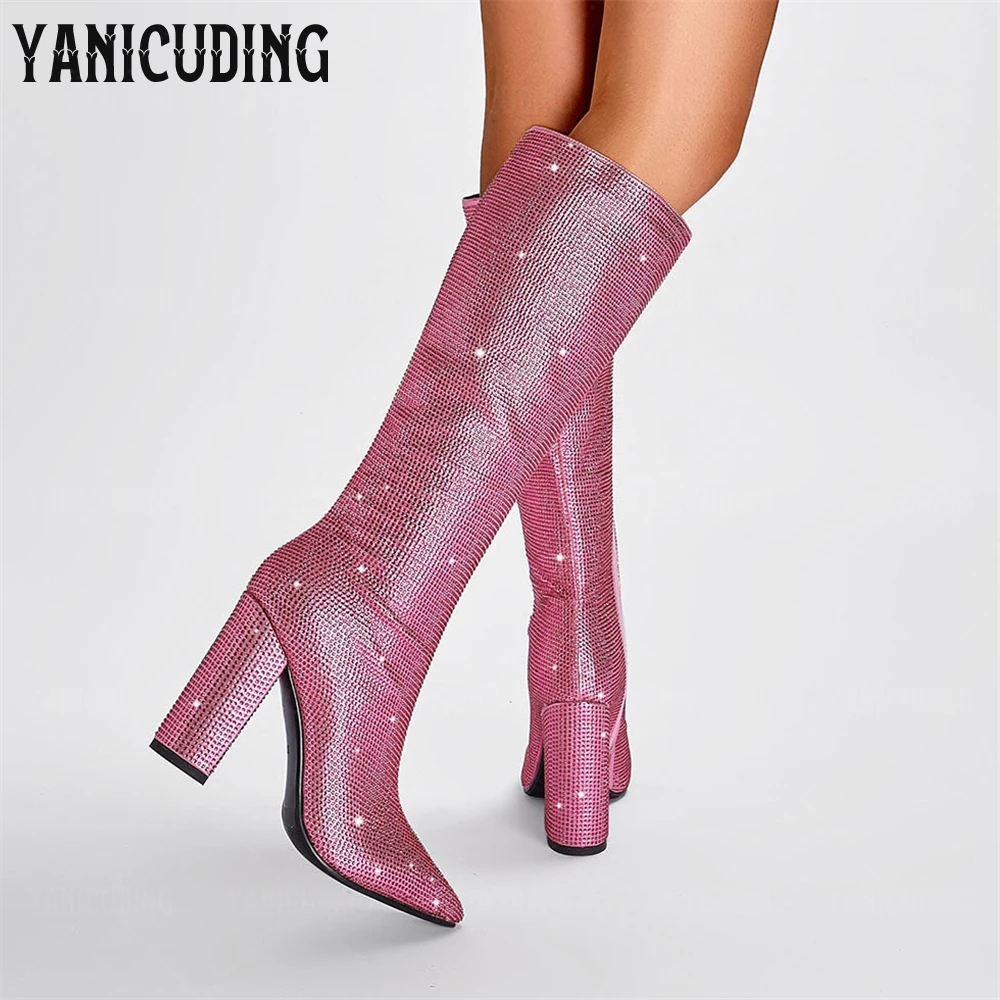 

Luxury Bling Rhinestone Boots Pointed High Heel Knee High Boots Designer Style Multi-color Full Crystal Handmade Boots for Women