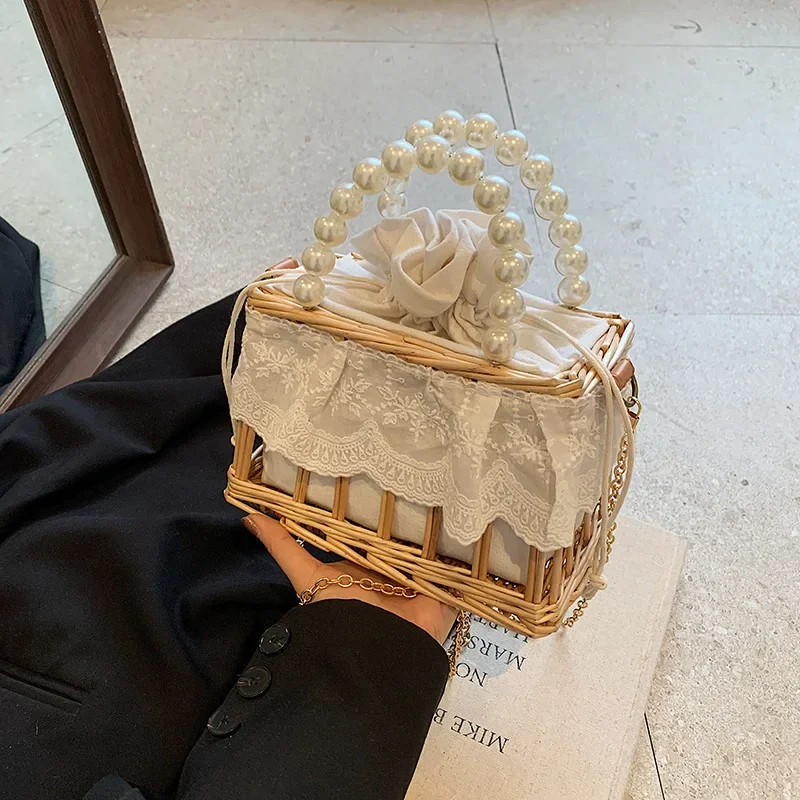 

Маленькие пляжные сумки, женские летние сумки, модные плетеные кружевные сумки из ротанга с жемчугом, женские сумки-тоут на шнурке