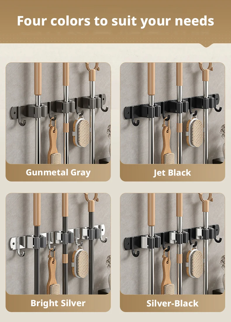 Edelstahl Wandmontierter Mopphalter Organizer mit Haken Bohrfreie Badezimmer-Besen-Aufbewahrungsklammer Robuste Halterung – Detail 11