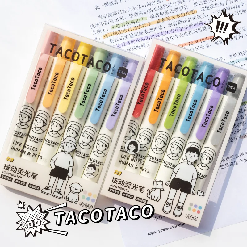 6pcs Taco Color Highlighter Pens Set Cartoon Human & Pets Knock Type Art Marker for Drawing Painting A7592