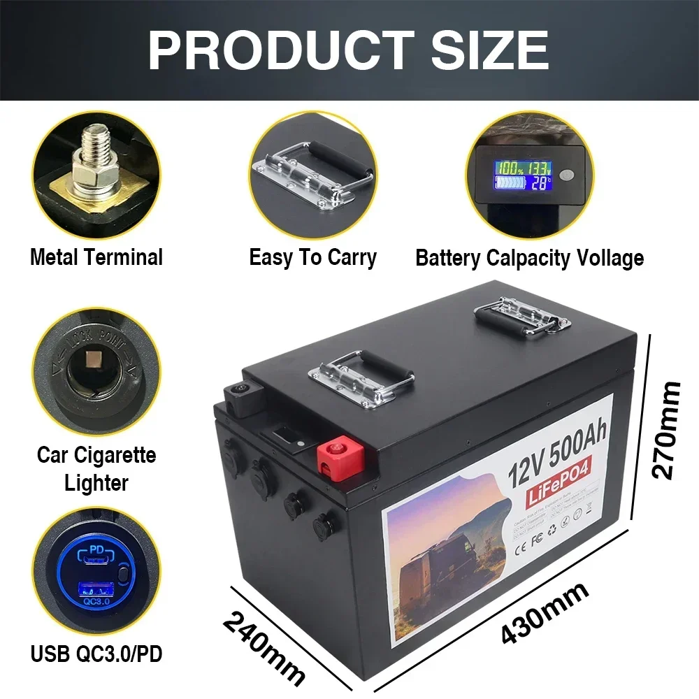 12V 500AH LiFePO4 Battery Pack Built-in BMS Lithium Iron Phosphate Cells For Replacing Most of Backup Power Home Energy Storage