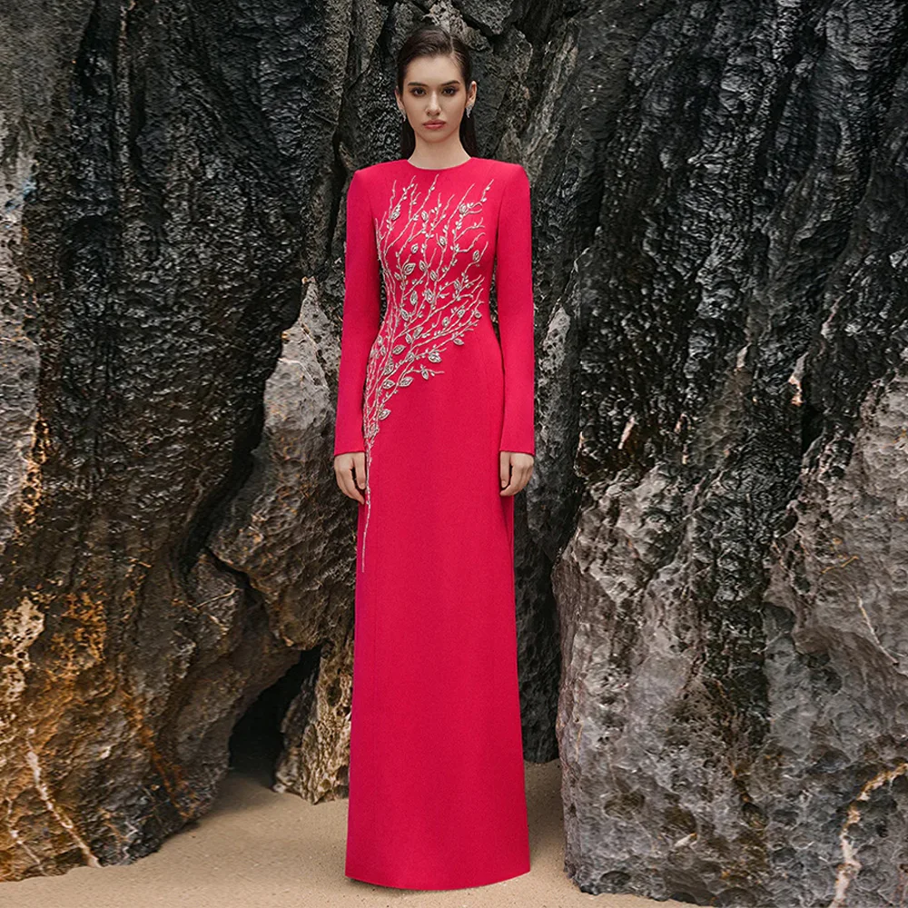 

Очаровательные вечерние платья в Дубае, индивидуальное прямое вечернее платье для выпускного вечера с круглым вырезом и длинными рукавами, расшитое бисером и блестками