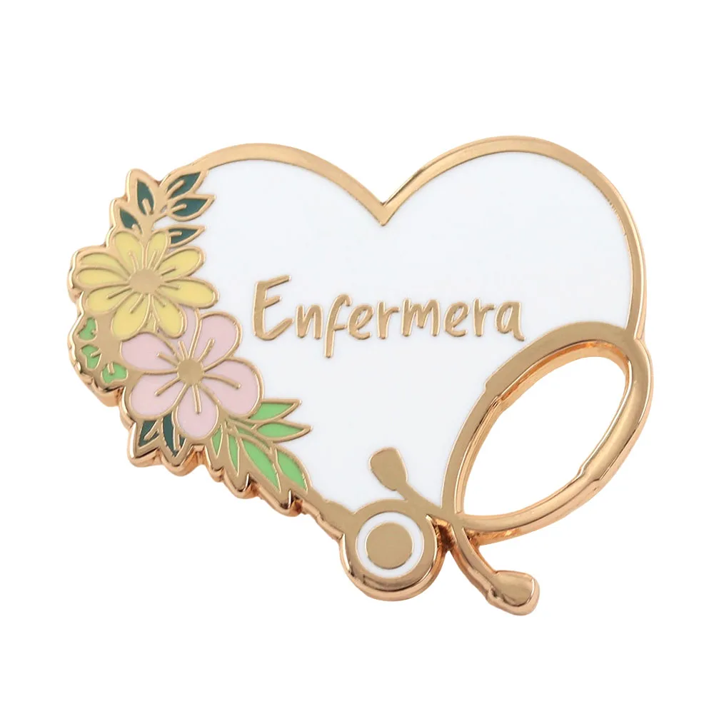 Enfermera Nurse Gift Enamel Pin Heart Shape Stethoscope Flower Lapel Brooch Badge Medico Vida De Medicina Spanish Accessory