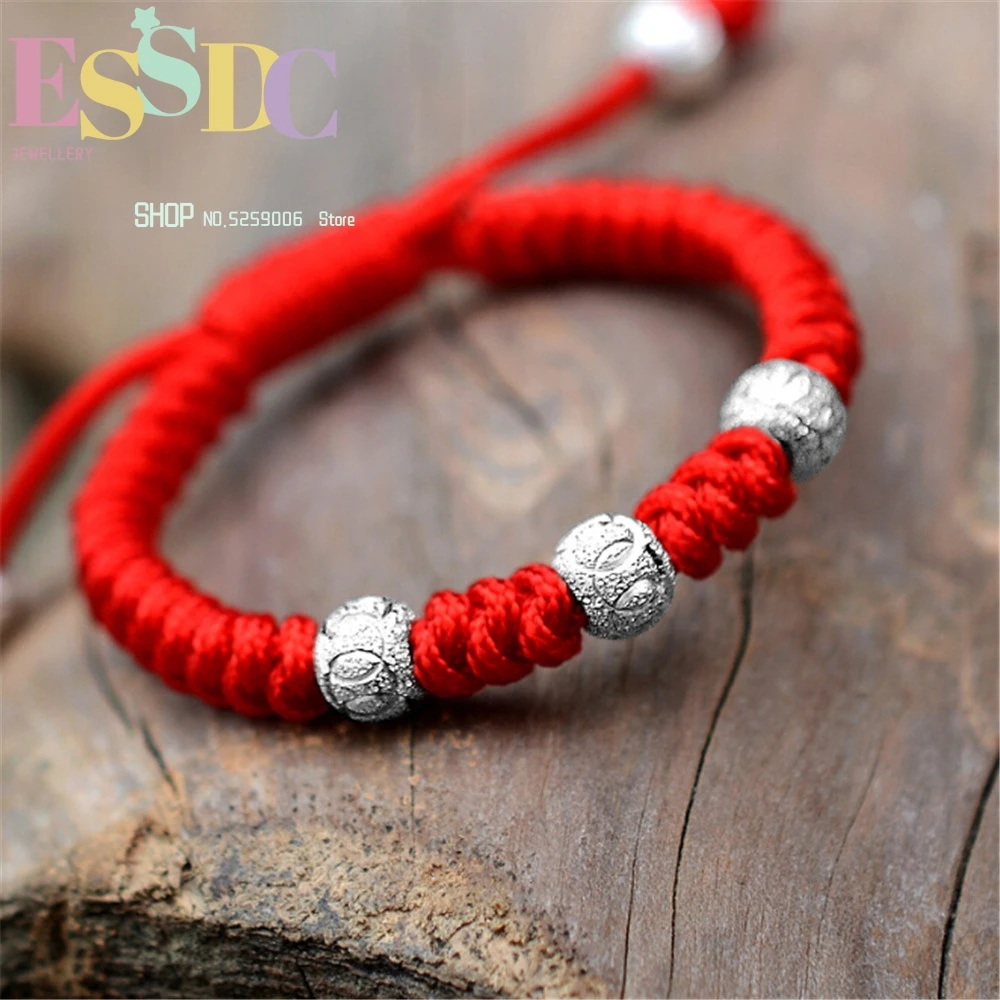 

Baby Genuine 925 Silver Beads Children's Hand Knitting Chinese Knot Lucky Red Rope Adjustable Bracelets Birthday Gift