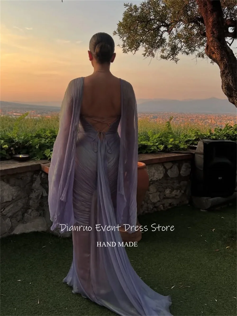 Dianruo Вечернее платье с прозрачными рукавами-накидкой и глубоким v-образным вырезом, плиссированные платья Vestidos De Festa, современные милые платья для выпускного вечера 2025, индивидуальный заказ