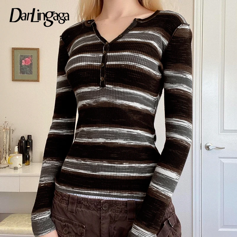 Darlingaga Vintage Texture Striped Autumn Tee Top Women Grunge Contrast Color Slimming Knitted T-shirt With Buttons Y2K Outfits