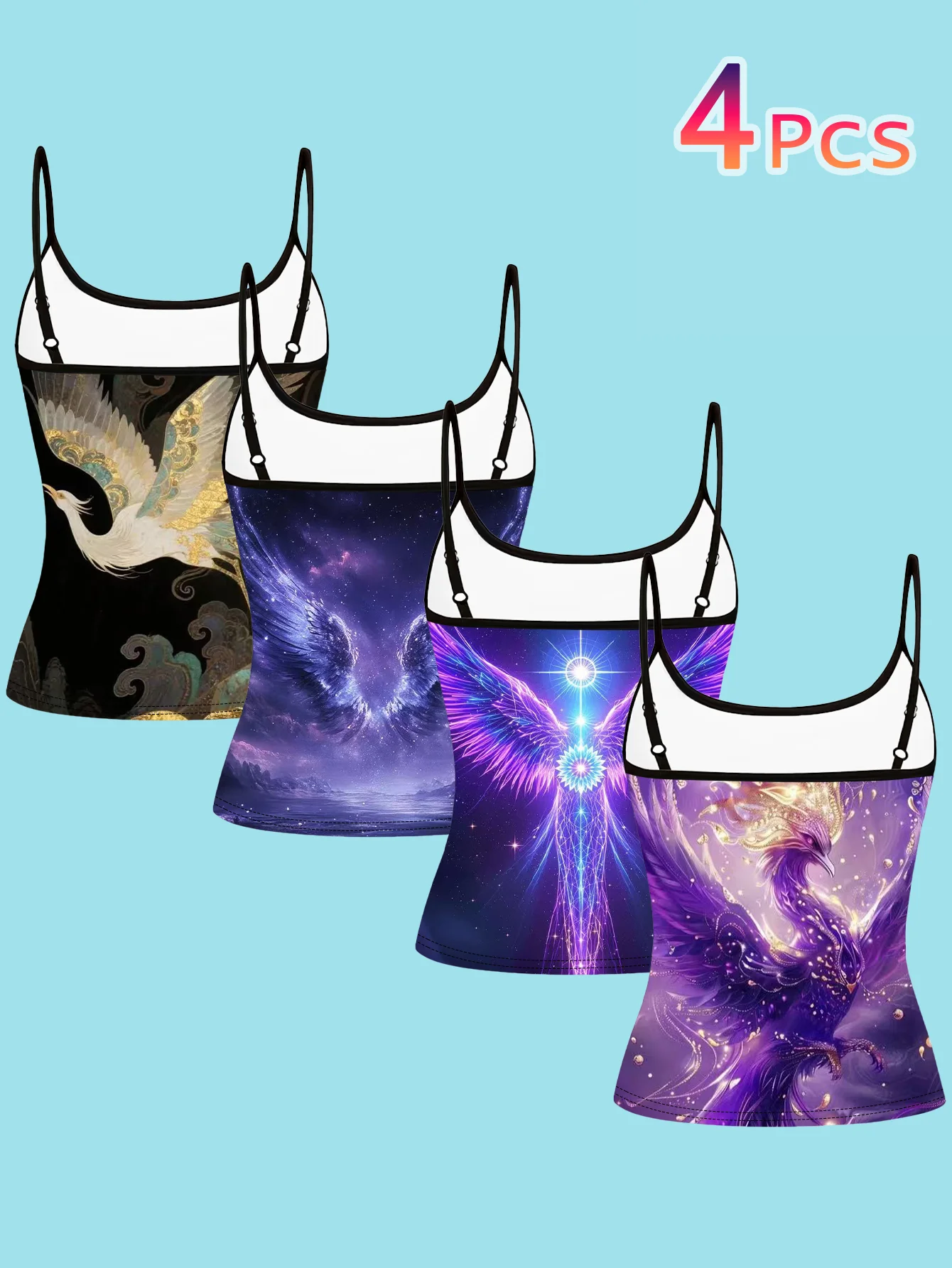 4-Piece Set of Women's Camisole with Phoenix Angel Wings Print, Chinese Style Crane Starry Sky Iridescent Wings Art Spaghetti Strap Slim-Fit Inner Top