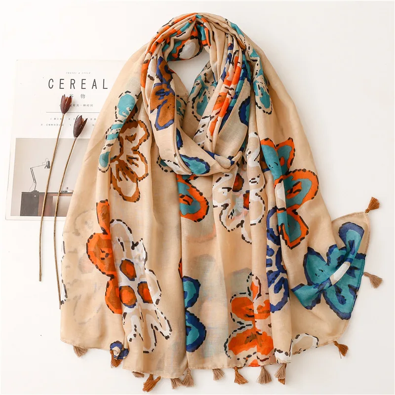 

2022 Fashion New Colorful Flower Pattern Tassel Scarf Shawls Soft Beautiful Beach Head Wrap Hijab Scarves Free Shipping