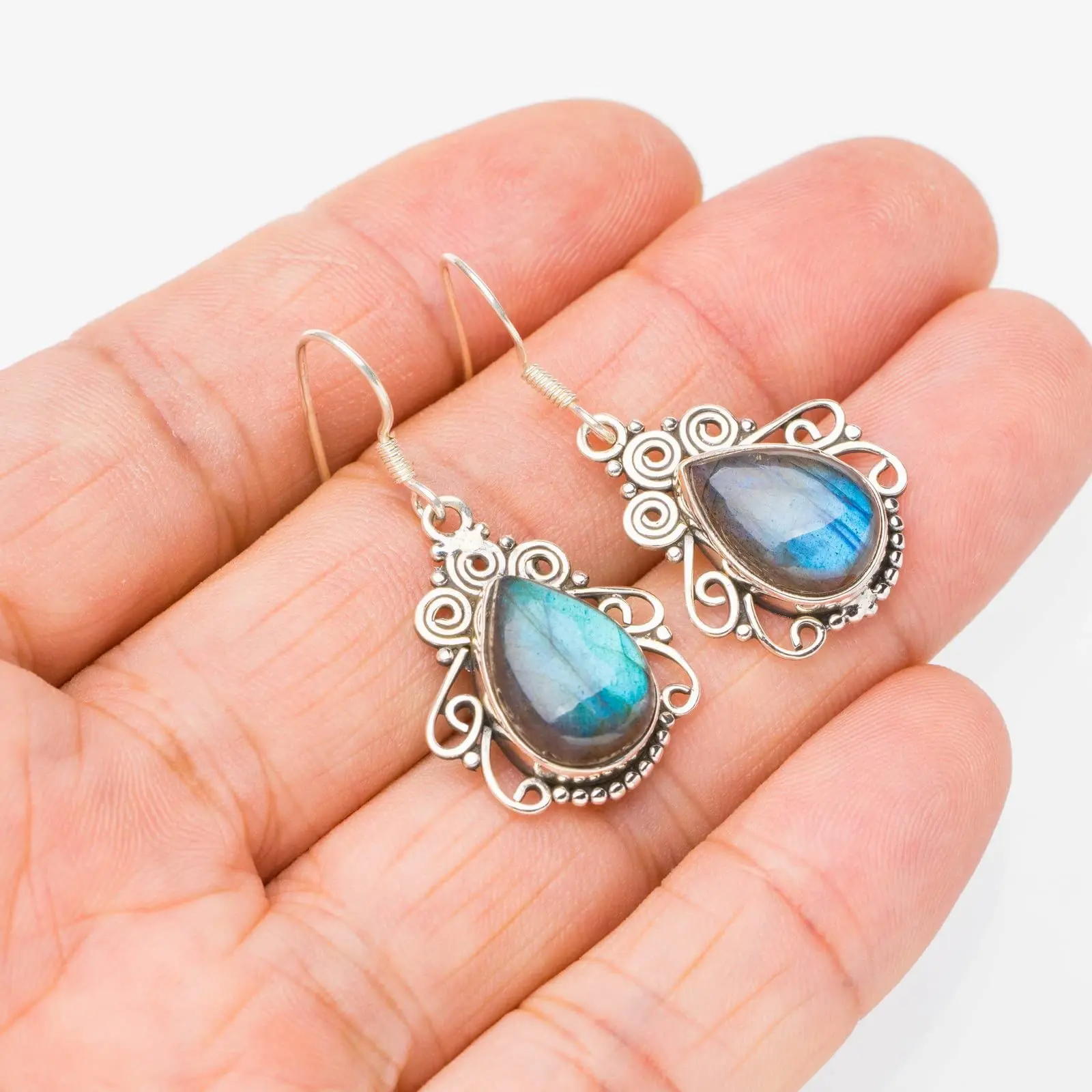 StarGems® Natural Blue Fire Labradorite Handmade 925 Sterling Silver Earrings 1.5" E5740