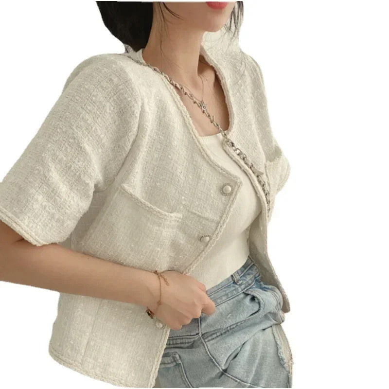 Blazers Femininas O Neck Short Sleeve Blue Tweed Jacket Cropped Cardigan Tops Suit Summer Plaid Shirt Women Casual Coat Korean