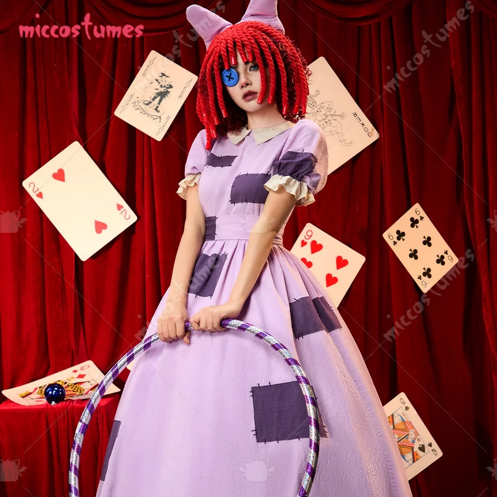 【Ready for Ship】Cosplay.fm Women's Cosplay Costume Rag Doll Purple Patchwork Dress with Belt and Braids Hair Accessories view 4