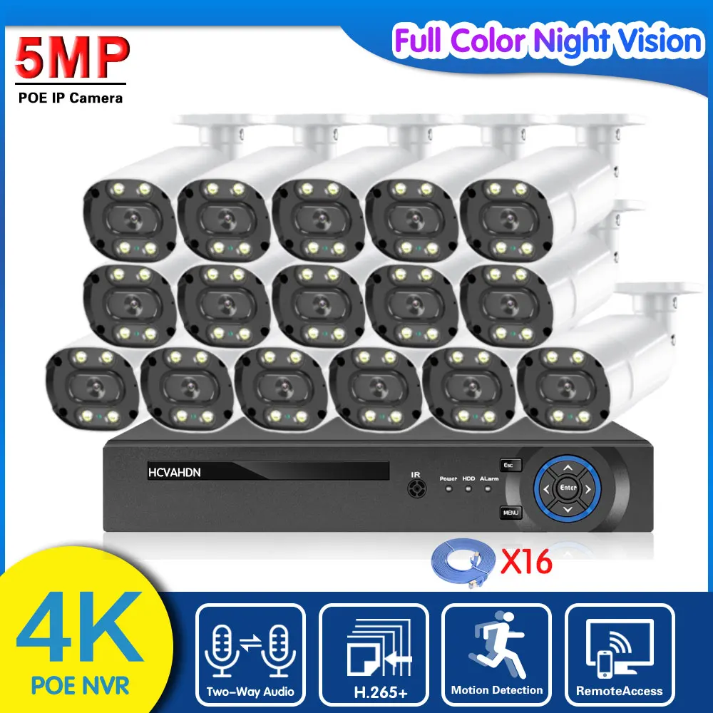 16CH POE Security Camera System 5MP Color Night Vision IP Cam Set H.265 4K NVR Kit 2 Way Audio CCTV Video Surveillance Kit XMEYE