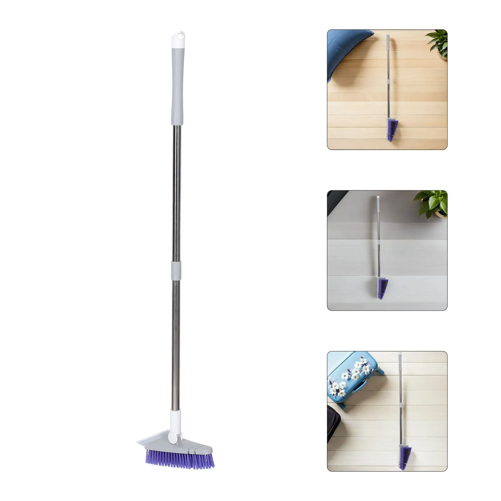 Floor Brush Scrubber 34.3 Long Handle Triangular Head Stiff Bristle Squeegee Broom for Bathroom Kitchen Patio Glass Floor