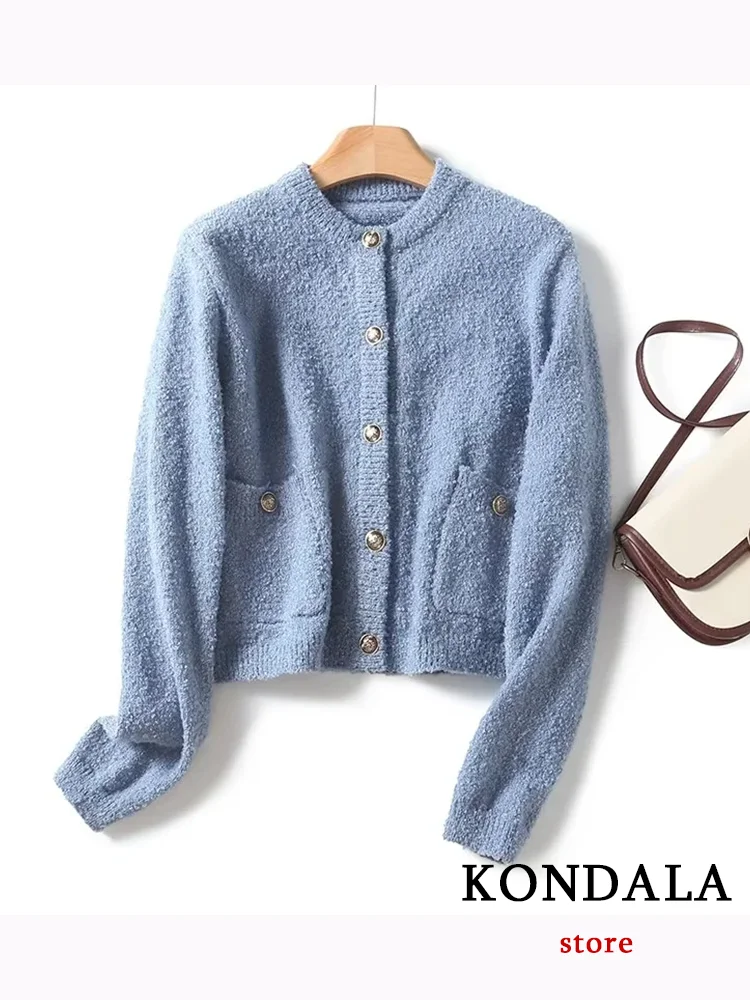 

KONDALA Casual Chic Women Sweater Blue O-Neck Single Breasted Long Sleeve Knitted Cardigans Fashion 2023 Autumn Winter Sweaters