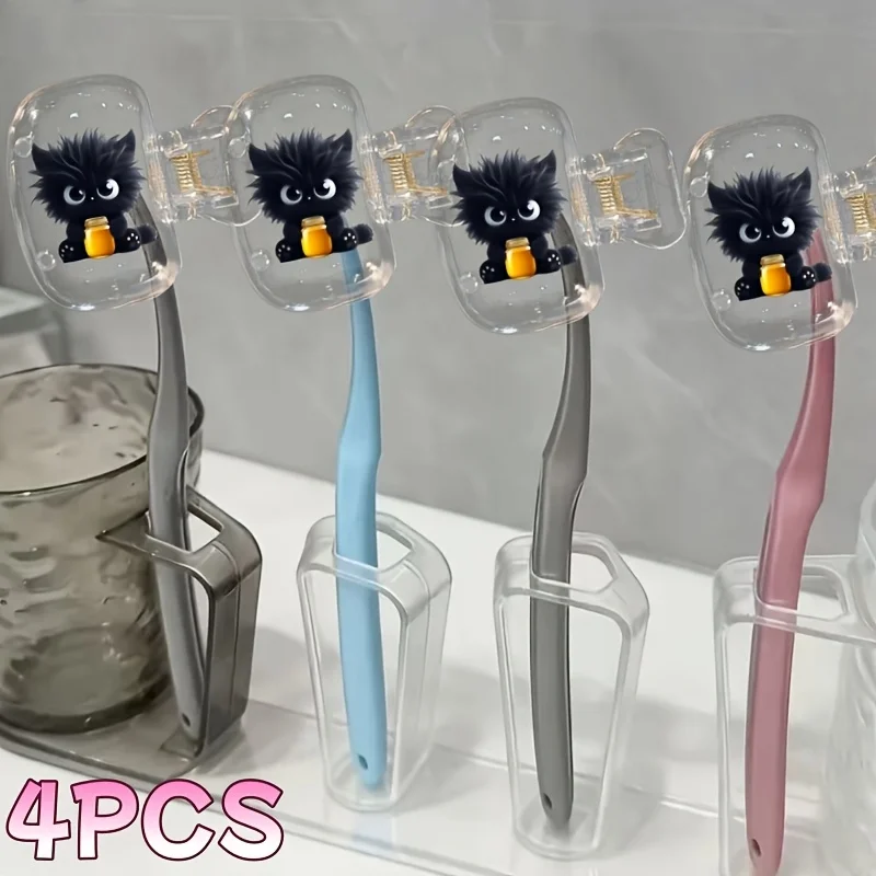 4pcs Playful Black Cat Travel Toothbrush Head Covers for Bathroom Camping Business Supplies Easy Access Party Holiday Gifts