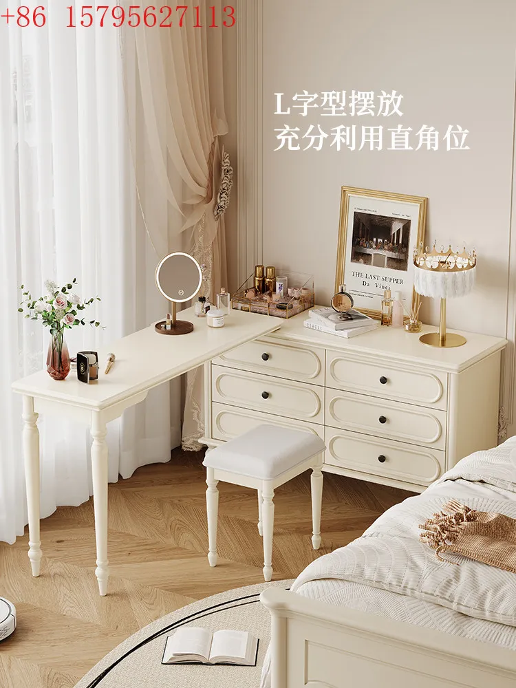 

Белый столик для макияжа из цельного дерева для спальни, столик для макияжа со встроенным шкафом-ведром и вращающимся