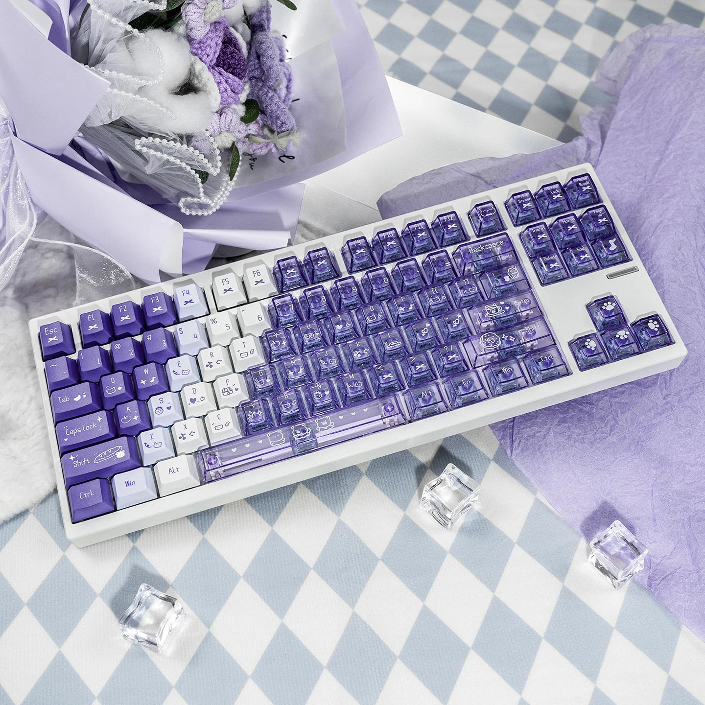 150 Keys Gradient Purple Keycaps Transparent Cute Style PC+PBT Keycaps Cherry Profile Dye-Sub Keycaps For MX Mechanical Keyboard