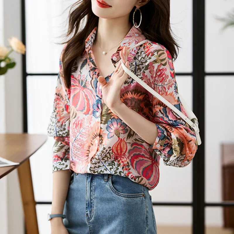 Floral Women Shirt 2025 Fashion Autumn New Printing Women's Clothing Polo-Neck Straight Long Sleeves Shirt OL Button Women Tops