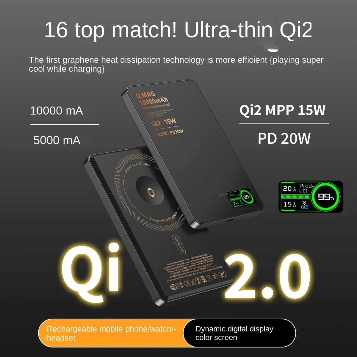 New Alloy Original TFT display Qi2 Powerbank Magnetic 3in1 Wireless Charger Spare Battery Power Bank for iWtach Airpods iPhono image 2