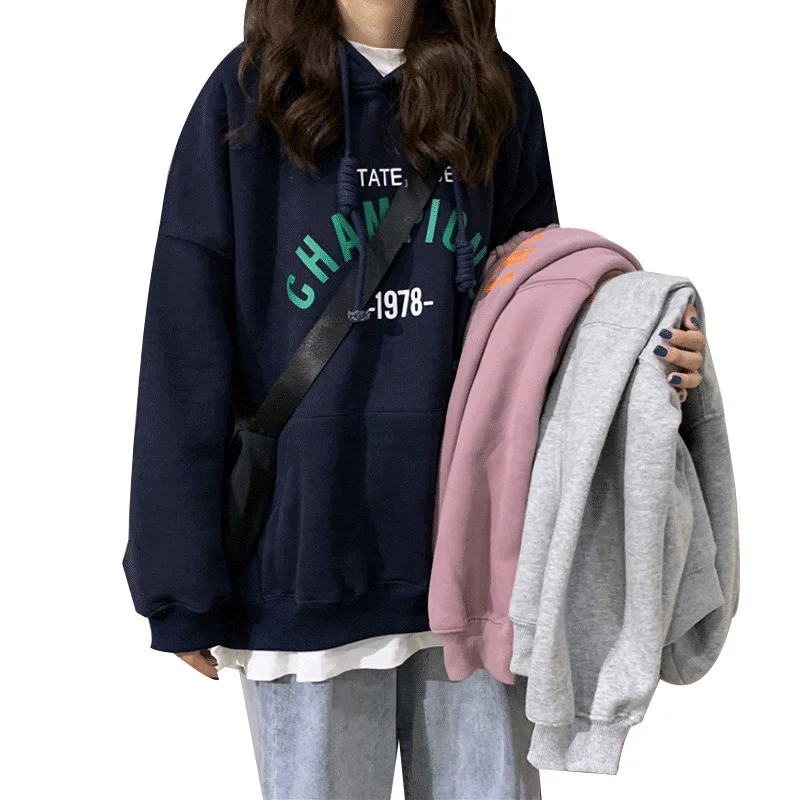 2024 Women\'s Hoodie Preppy Letters Print Tops Oversize Sweatshirt Streetwear Hip-hop Coat Drawstring Kangaroo Pocket Pullover