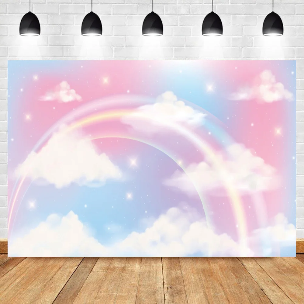 Laeacco Gold Glitters Rainbow Happy Birthday Party sfondo per fotografia nuvole bianche sfondi personalizzati ritratto Banner