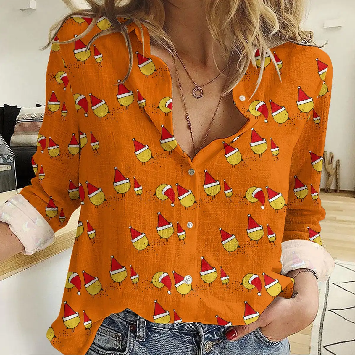 2024 women\'s fashion lapel long-sleeved shirt animal alpaca Christmas floral 3d printing casual shirt women\'s versatile fashion