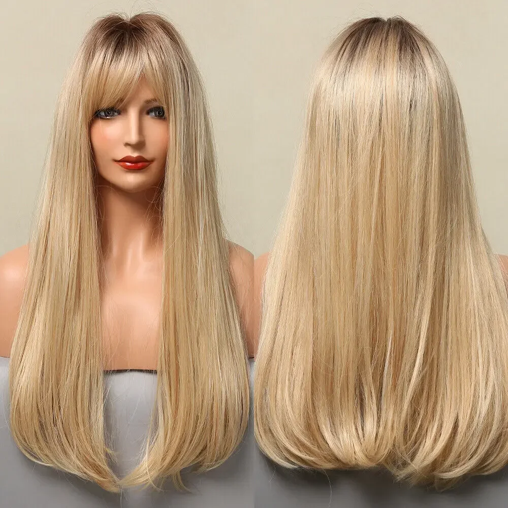 

Long Straight Ombre Brown Blonde Golden Wig with Bangs Women Synthetic Wigs