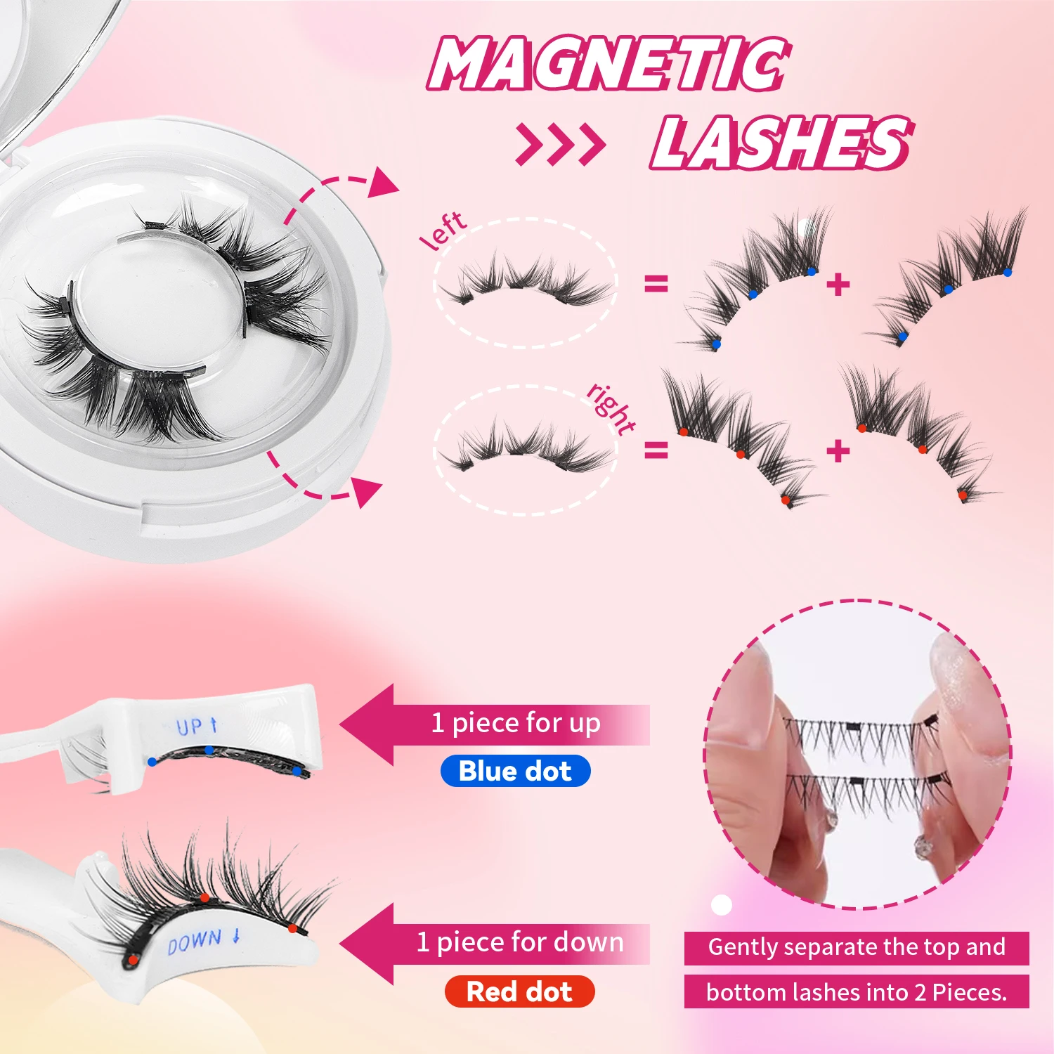 2 Pairs of Magnetic Segmented Cat-Eye False Eyelashes, Photogenic Style with Elongated Outer Corners, Magnetic Eyelash Set, Waterproof, No Glue Needed, Comes with Mirror and Tweezers, Easy to Carry, Reusable, Curls and Enlarges the Eyes