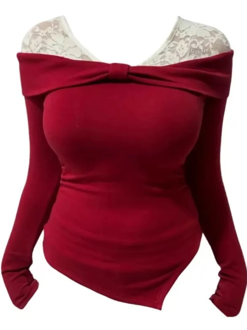 

Женская футболка больших размеров с длинным рукавом, кружевными вставками, облегающая, базовая, в корейском стиле, для повседневной носки, зимний сезон