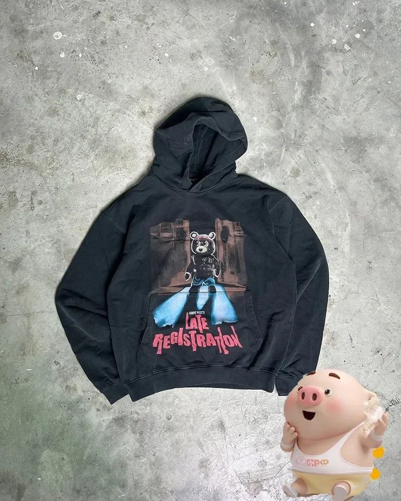 

Hip Hop New Streetwear Black Bear Saint Hoodie Men Women Casual Hooded Pullovers Vintage Washed