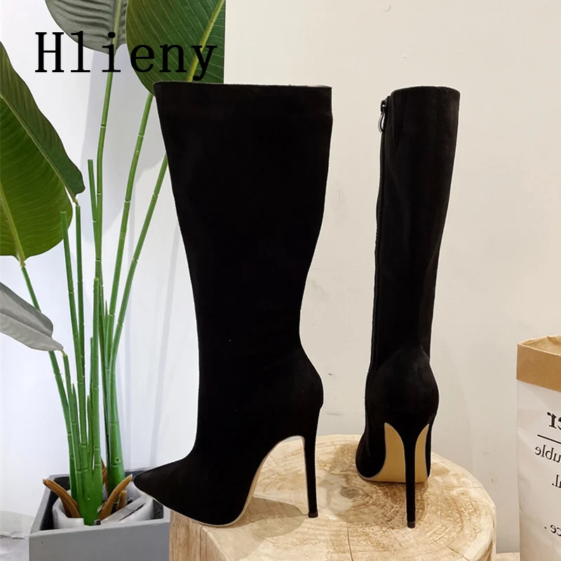 Hlieny 2024 Winter Fashion Zipper Long Knee High Heels Boots For Women Punk Pointed Toe Motorcycle Sexy Botas Shoes Black