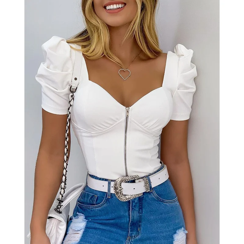 

Белый женский топ на молнии спереди Puff Sve Faionable Zipper Design, летняя коллекция из смеси полиэстера, женская одежда премиум-класса
