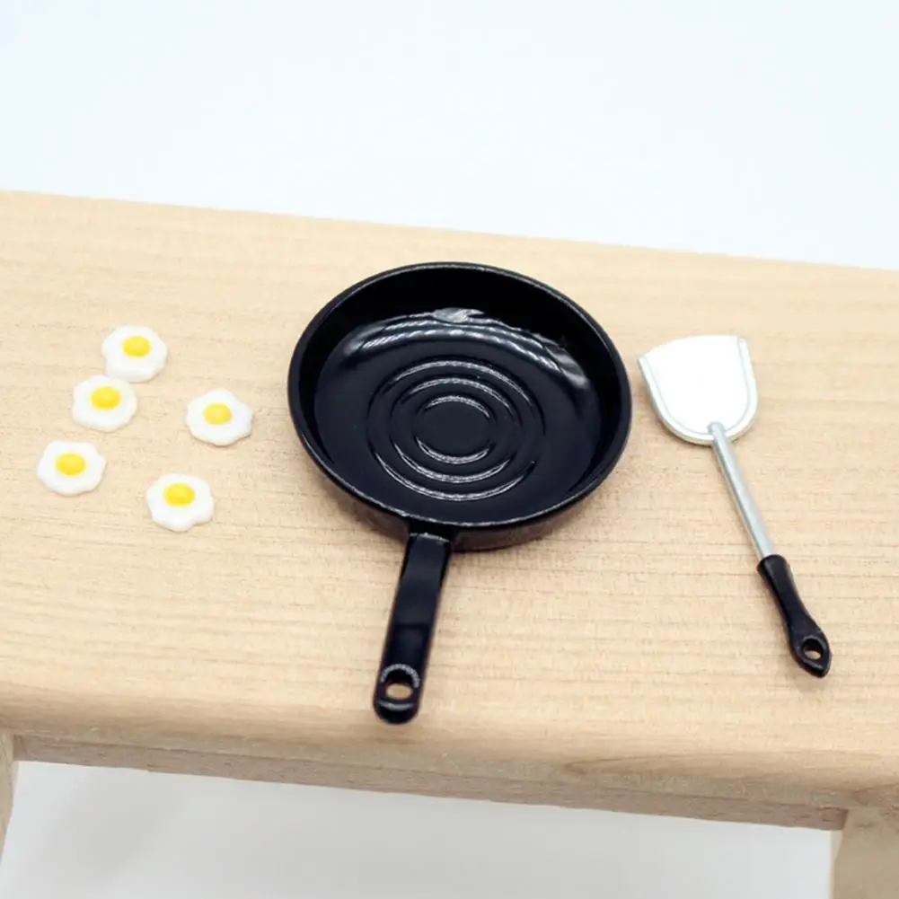 1 Set Dollhouse Fried Eggs Model Realistic Miniature Kitchen Frying Pan Egg Spatula Model Set for Dollhouse Decoration