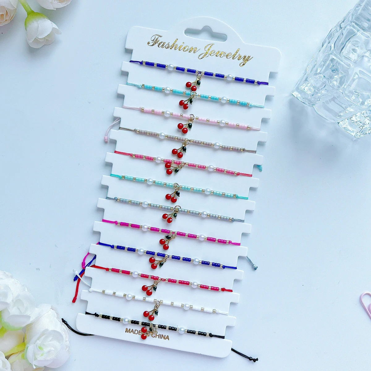 12 قطعة مجموعة أساور من خرز الأرز الملون أساور كرز الفاكهة الصيفية مع مجوهرات اللؤلؤ هدية لسوار الصديق